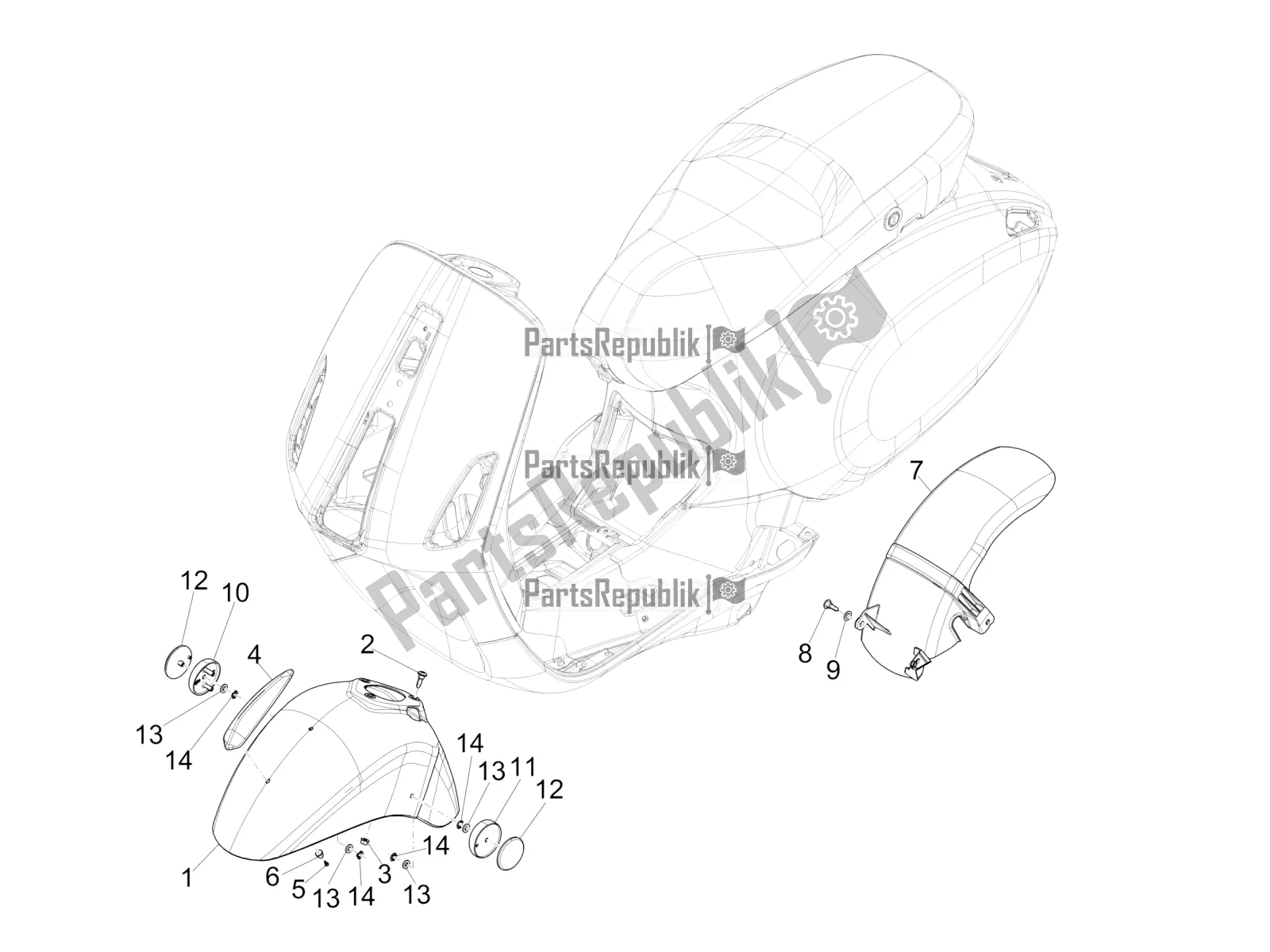 Alle onderdelen voor de Wielkast - Spatbord van de Vespa Primavera 50 4T 4V USA 2020