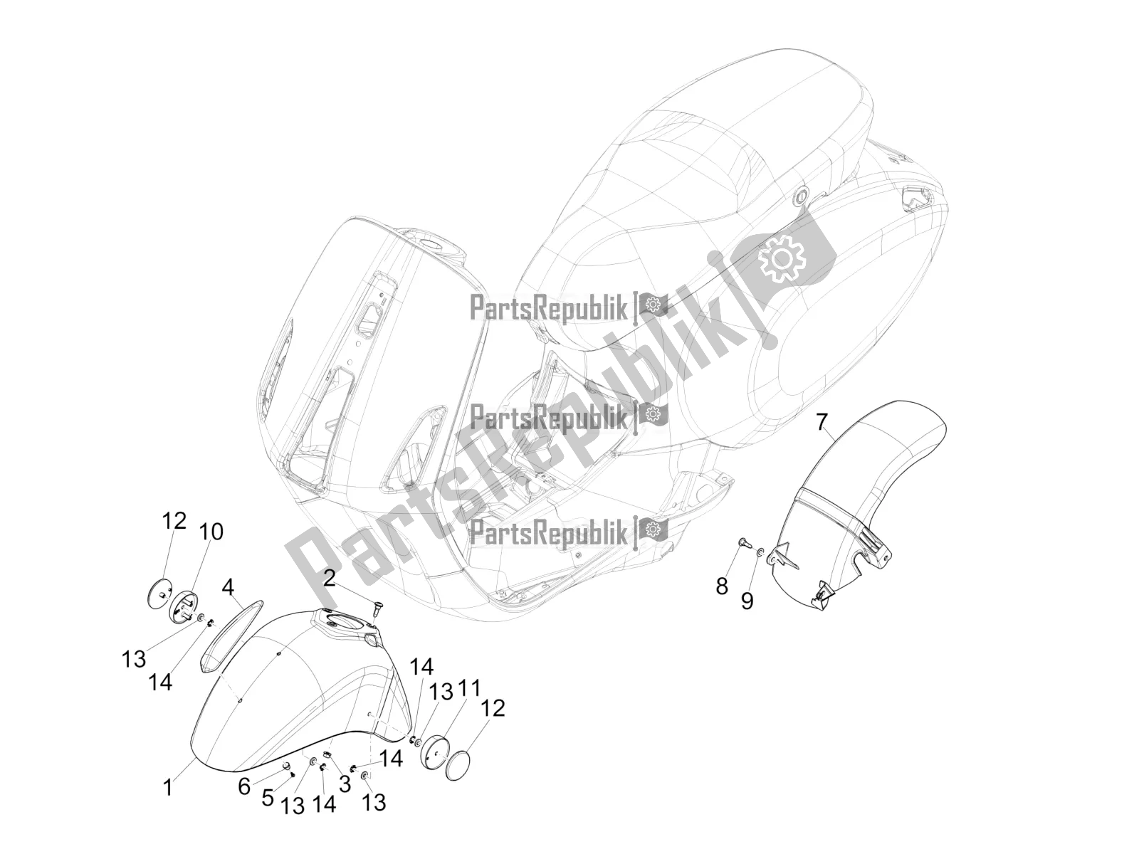 All parts for the Wheel Huosing - Mudguard of the Vespa Primavera 50 USA 2020