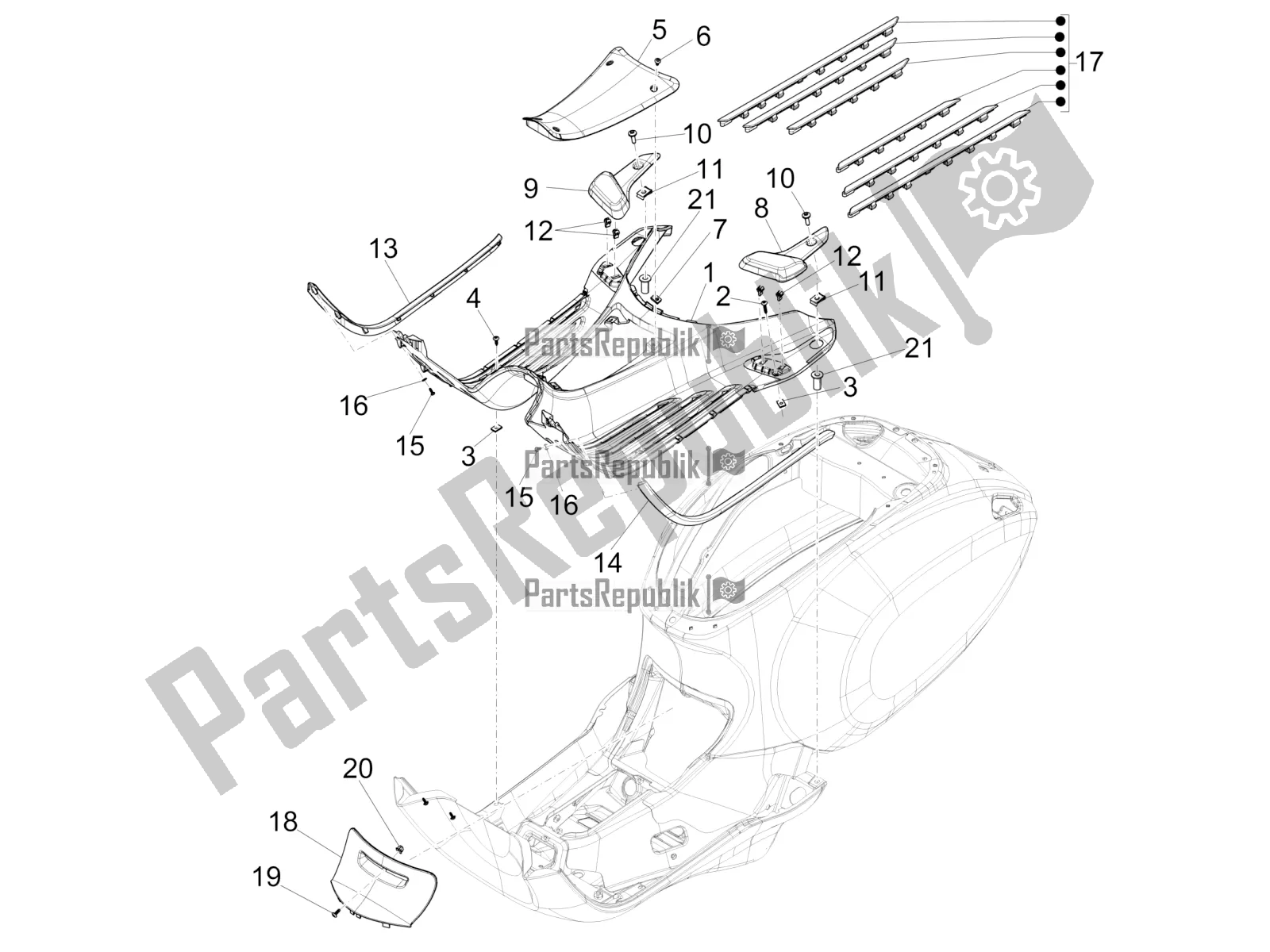 All parts for the Central Cover - Footrests of the Vespa Primavera 50 USA 2022