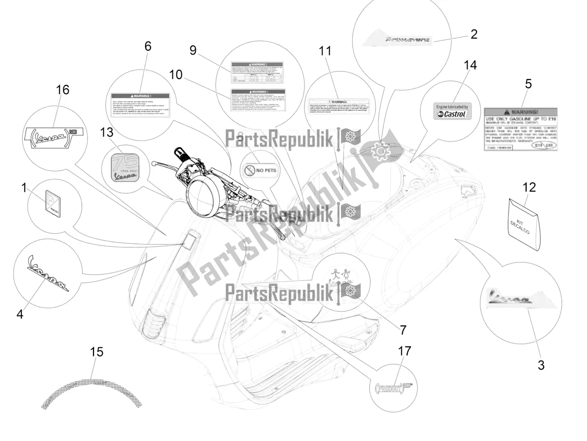All parts for the Plates - Emblems of the Vespa Primavera 50 USA 2022