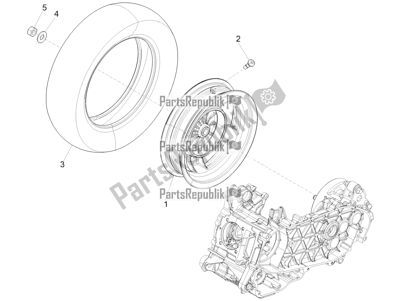 All parts for the Rear Wheel of the Vespa Primavera 50 USA 2022