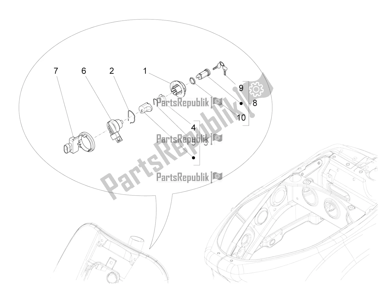 Todas as partes de Fechaduras do Vespa S 125 3V Iget Apac 2021