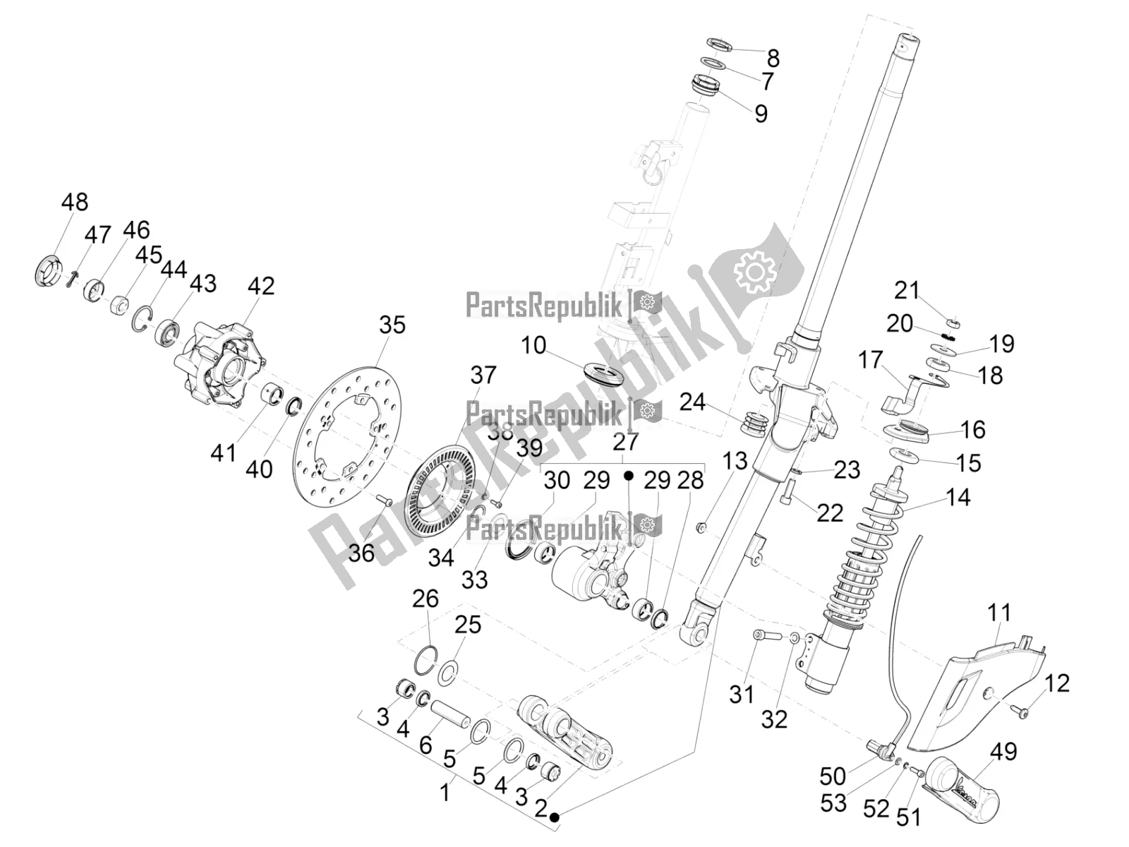 Alle onderdelen voor de Vork / Stuurbuis - Stuurlagereenheid van de Vespa Sprint 125 3V Apac E5 2021