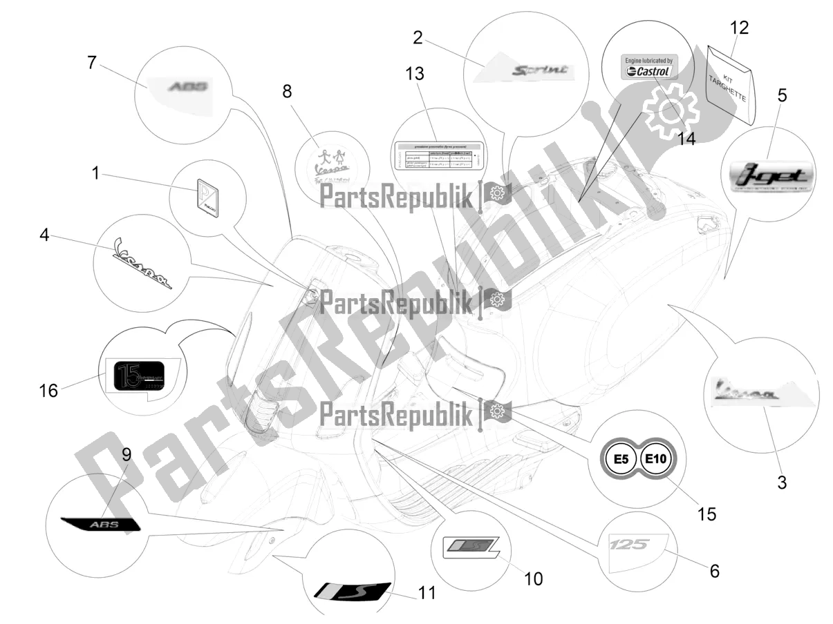 Alle onderdelen voor de Borden - Emblemen van de Vespa Sprint 125 3V Apac E5 2021