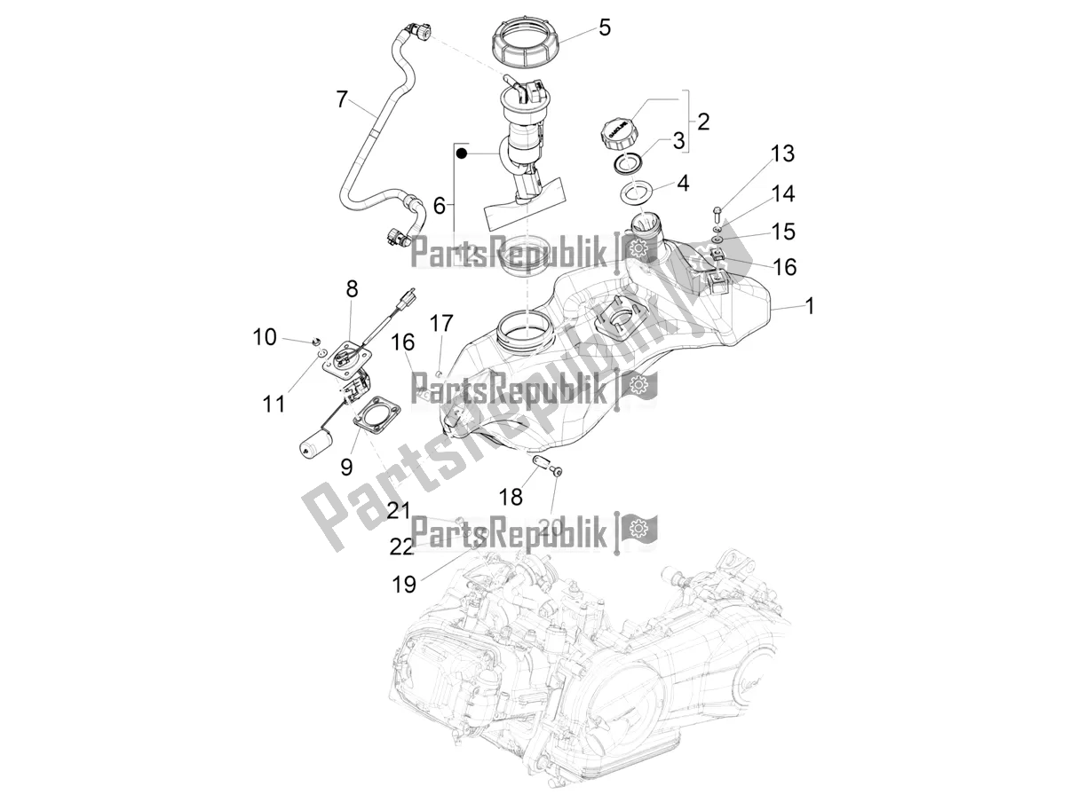 All parts for the Fuel Tank of the Vespa Sprint 125 3V Apac E5 2022