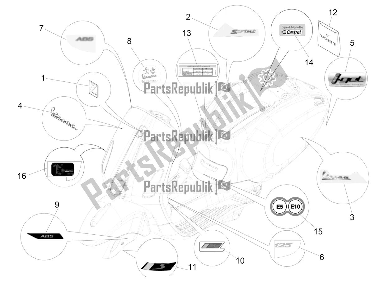 Tutte le parti per il Piatti - Emblemi del Vespa Sprint 125 3V Apac E5 2022