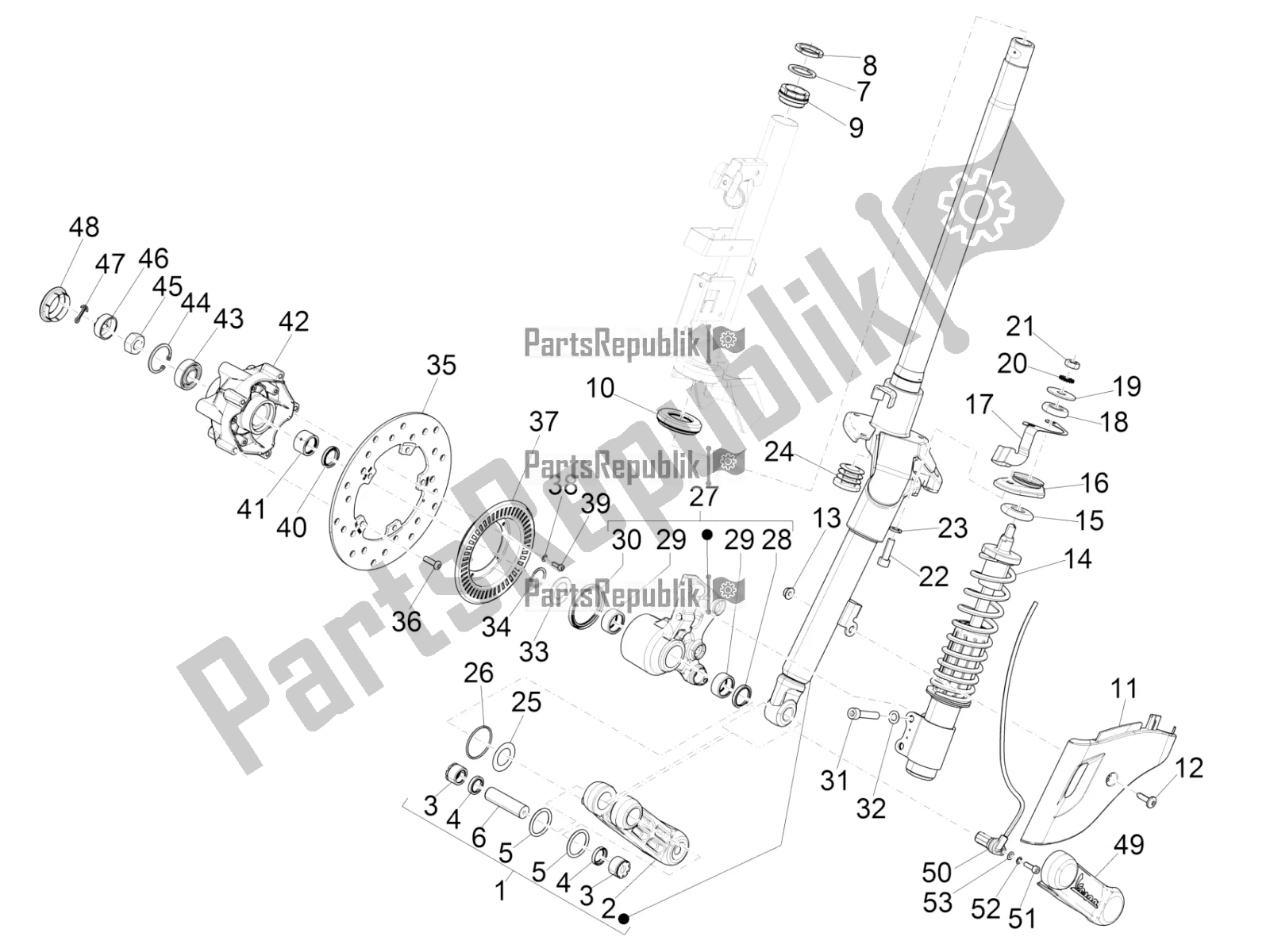 Toutes les pièces pour le Fourche / Tube De Direction - Palier De Direction du Vespa Sprint 125 3V IE 2021