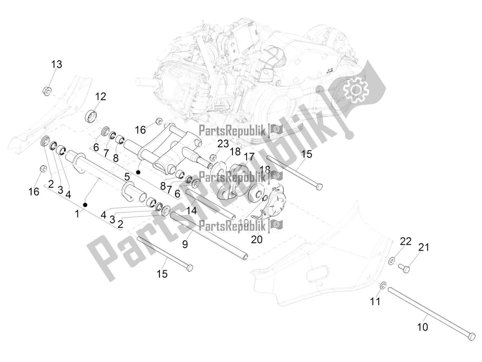 All parts for the Swinging Arm of the Vespa Sprint 125 3V IE 2021