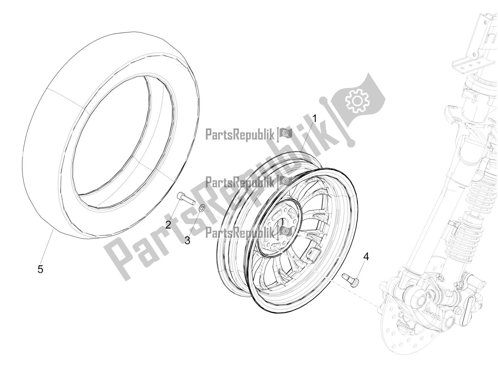 All parts for the Front Wheel of the Vespa Sprint 125 Iget 2016