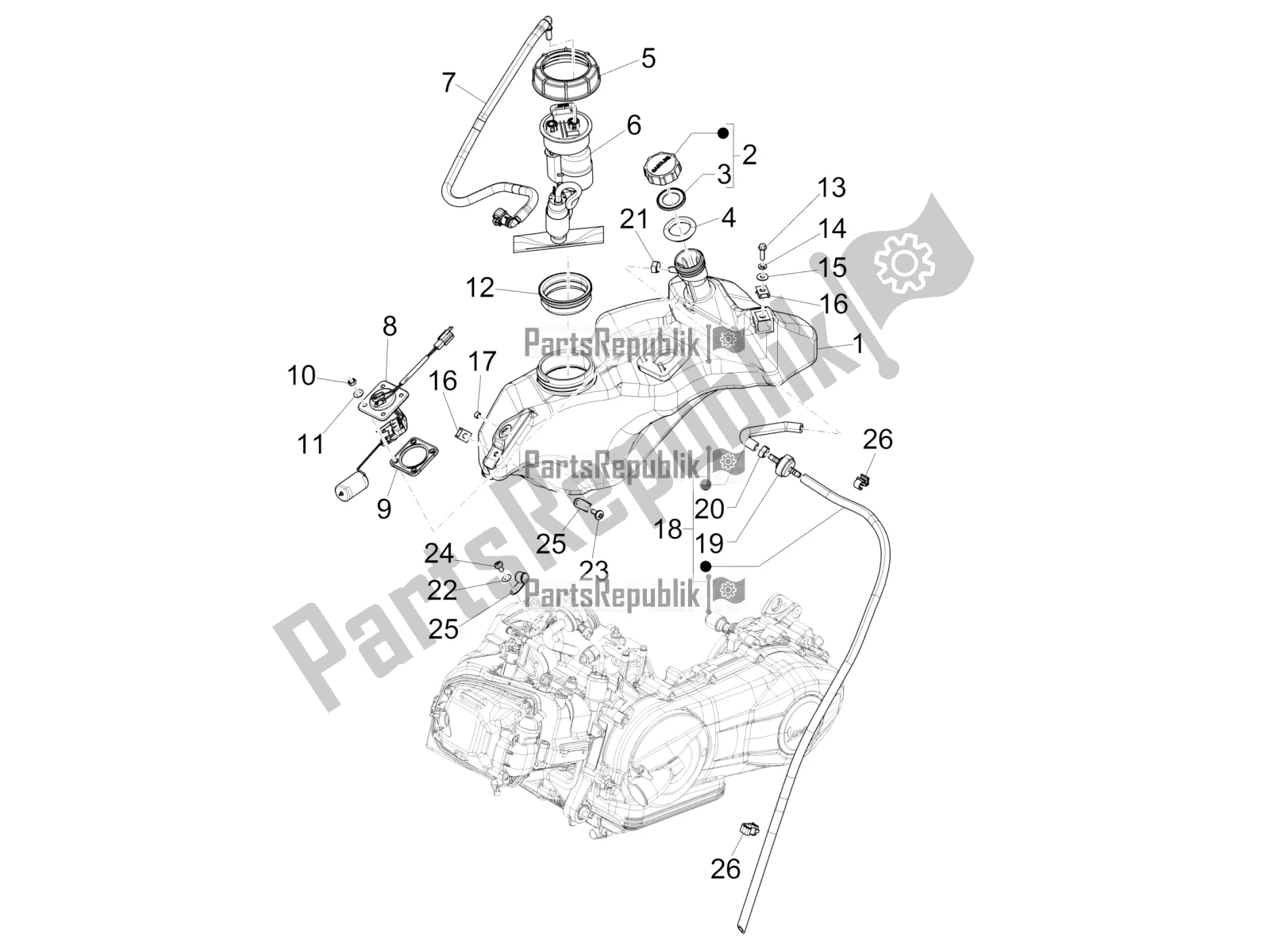 Alle onderdelen voor de Benzinetank van de Vespa Sprint 125 Iget 2016