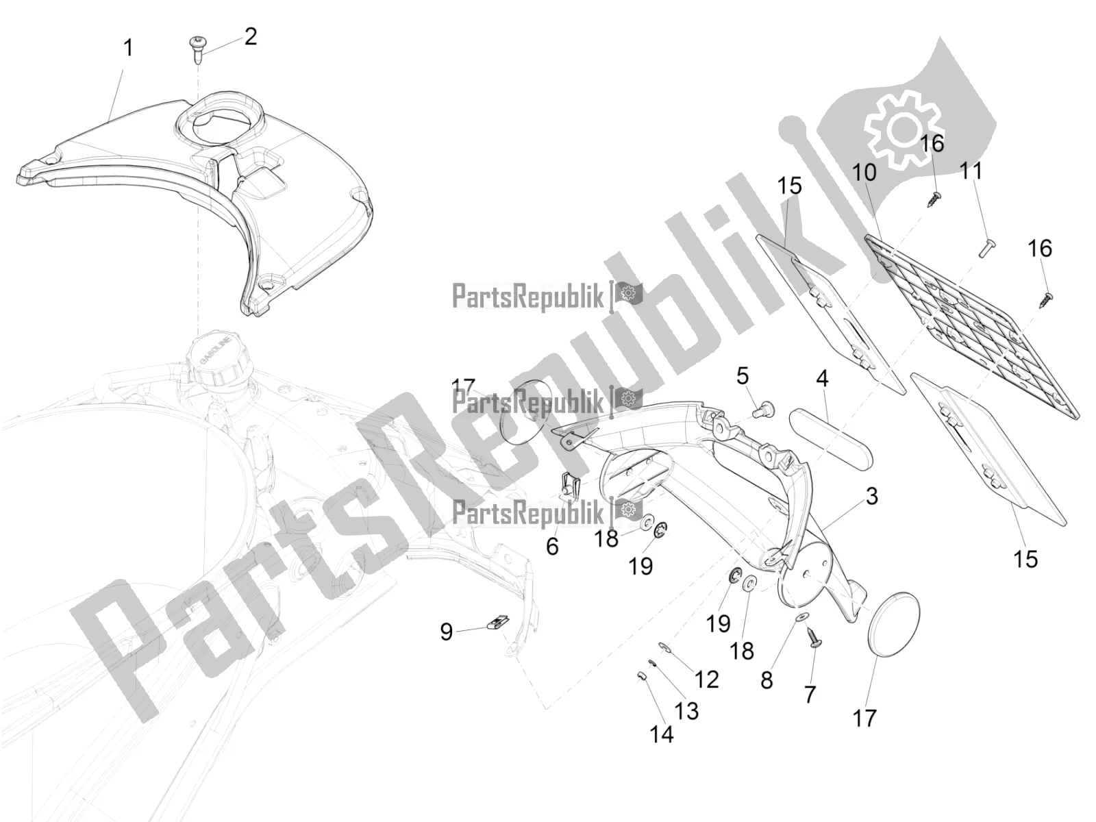 Alle onderdelen voor de Achterklep - Spatscherm van de Vespa Sprint 125 Iget 2016