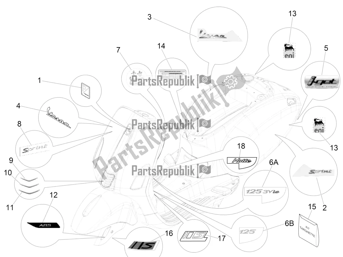 Alle onderdelen voor de Borden - Emblemen van de Vespa Sprint 125 Iget 2017