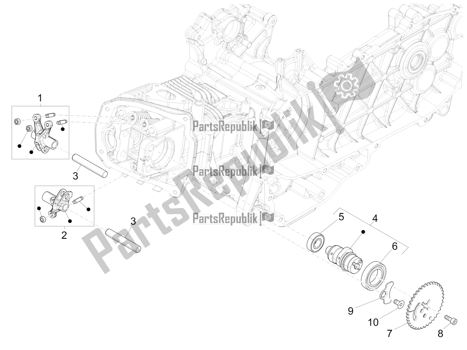 All parts for the Rocking Levers Support Unit of the Vespa Sprint 125 Iget 2018