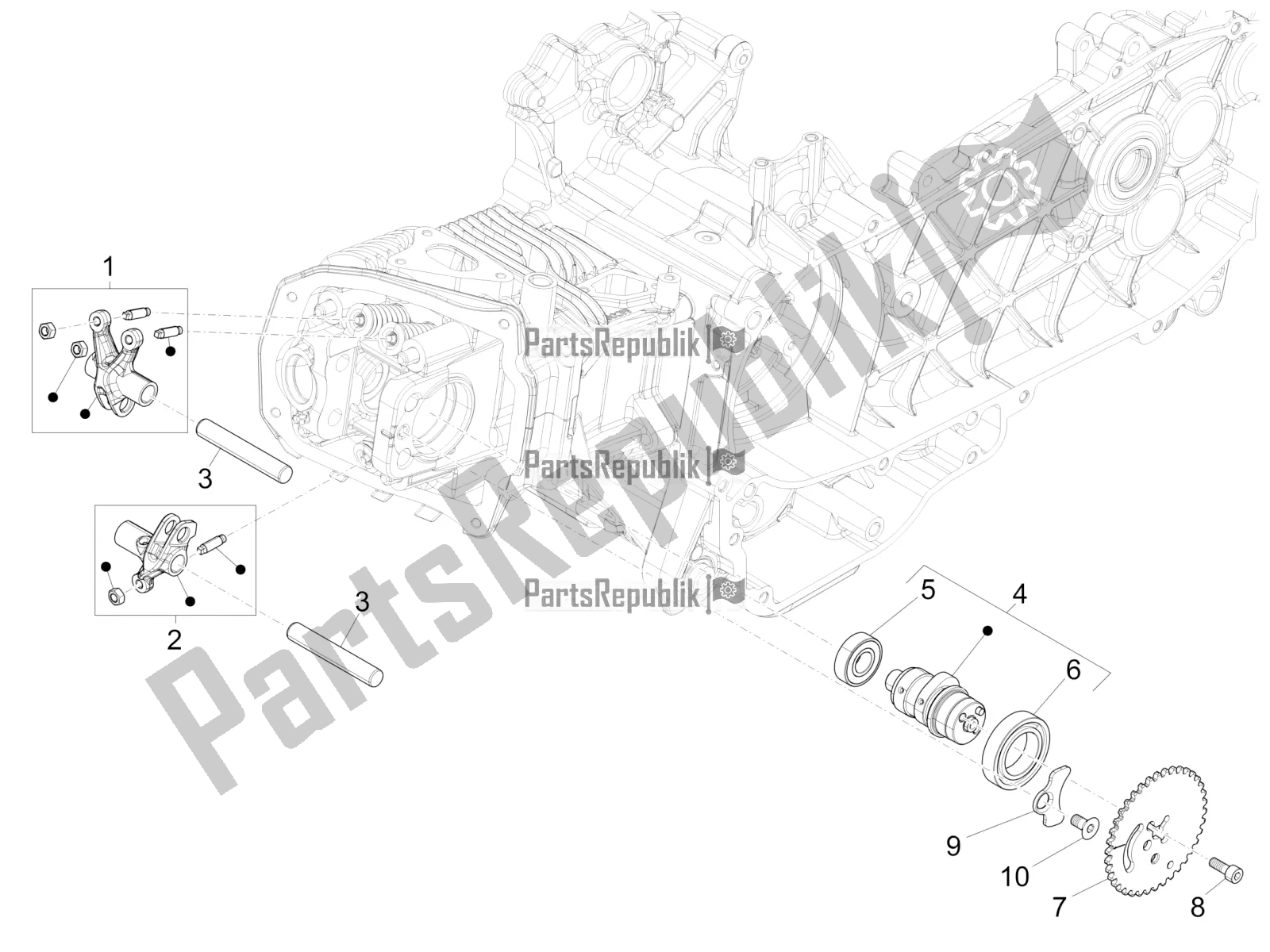All parts for the Rocking Levers Support Unit of the Vespa Sprint 125 Iget 2019