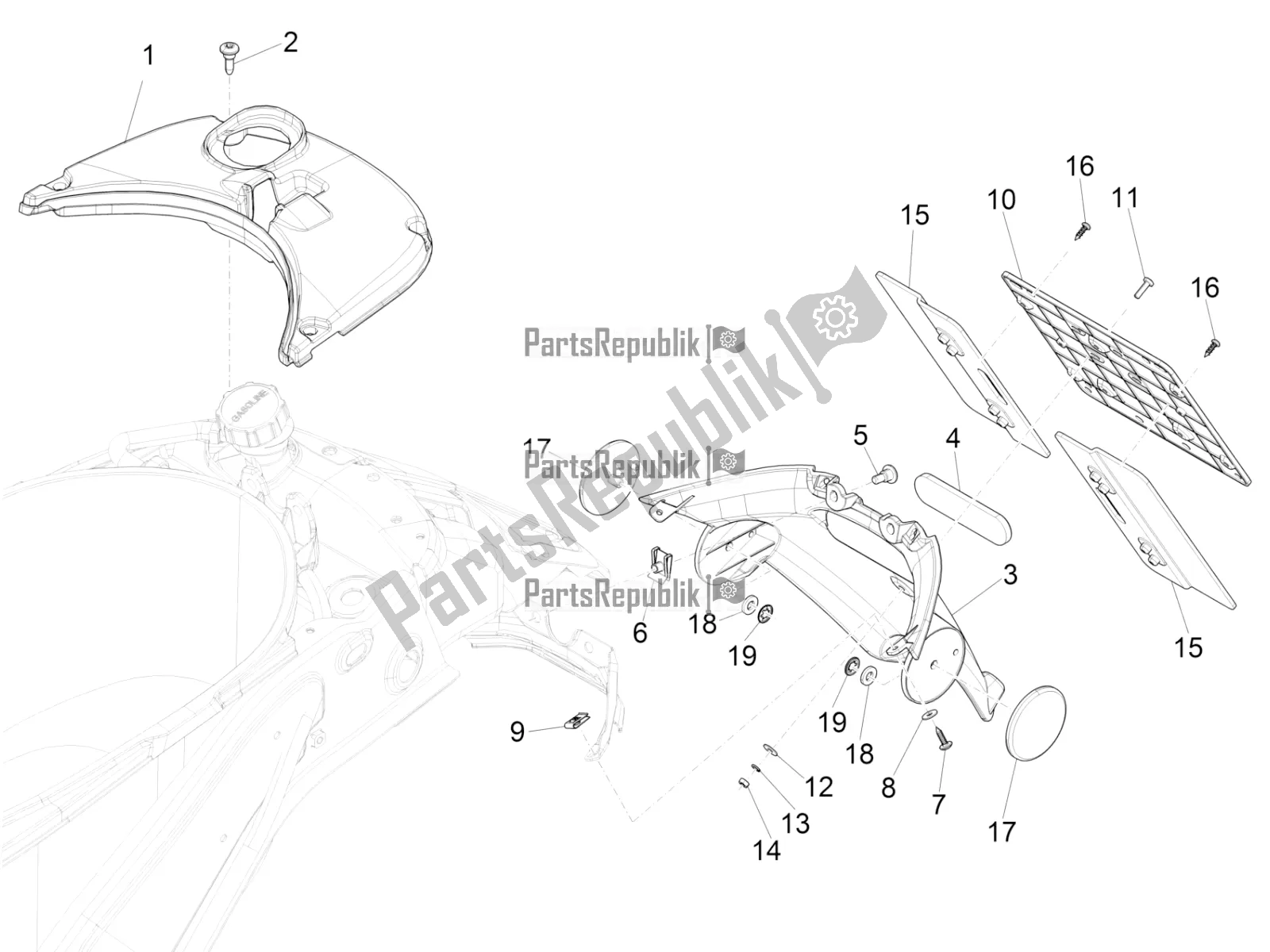 Toutes les pièces pour le Capot Arrière - Protection Contre Les éclaboussures du Vespa Sprint 125 Iget 2020