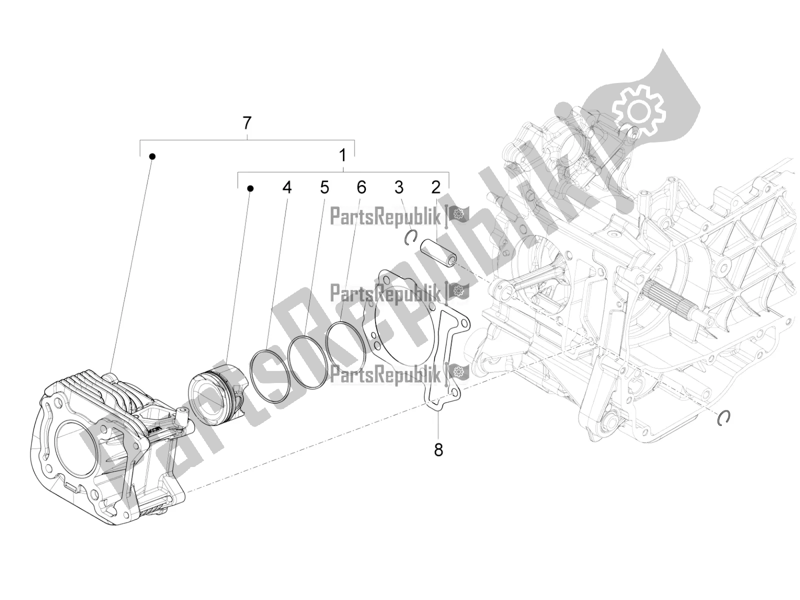 Alle onderdelen voor de Cilinder-zuiger-pols-peneenheid van de Vespa Sprint 125 Iget Apac E2 2017