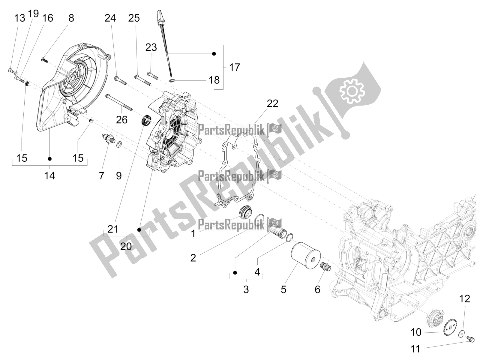 All parts for the Flywheel Magneto Cover - Oil Filter of the Vespa Sprint 125 Iget Apac E2 2017