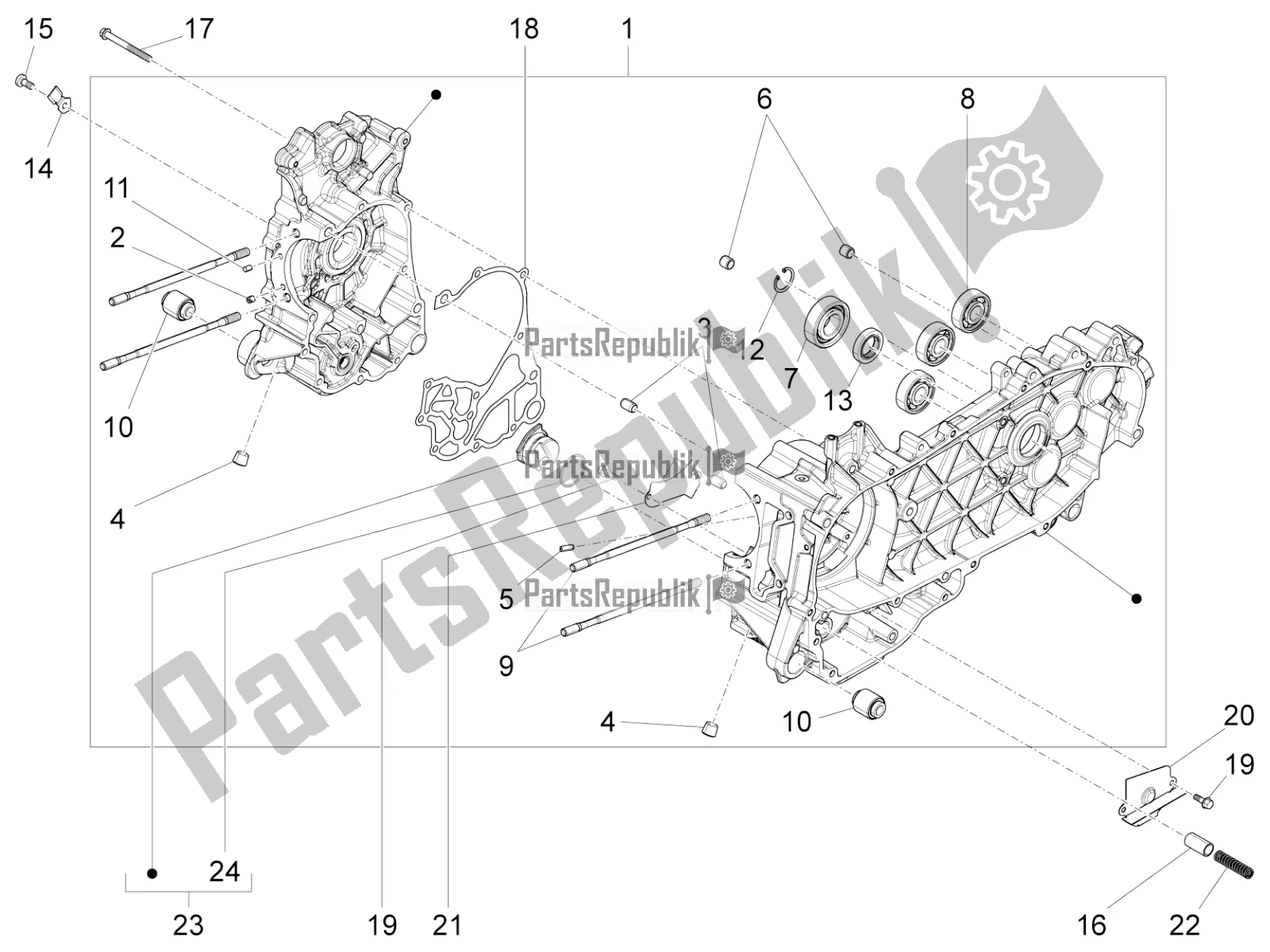 All parts for the Crankcase of the Vespa Sprint 125 Iget Apac E2 2018