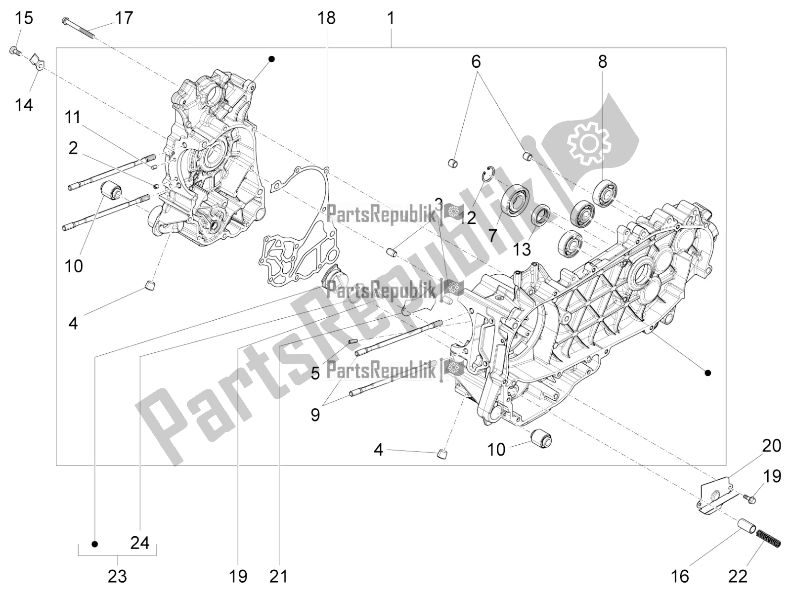 All parts for the Crankcase of the Vespa Sprint 125 Iget Apac E2 2019