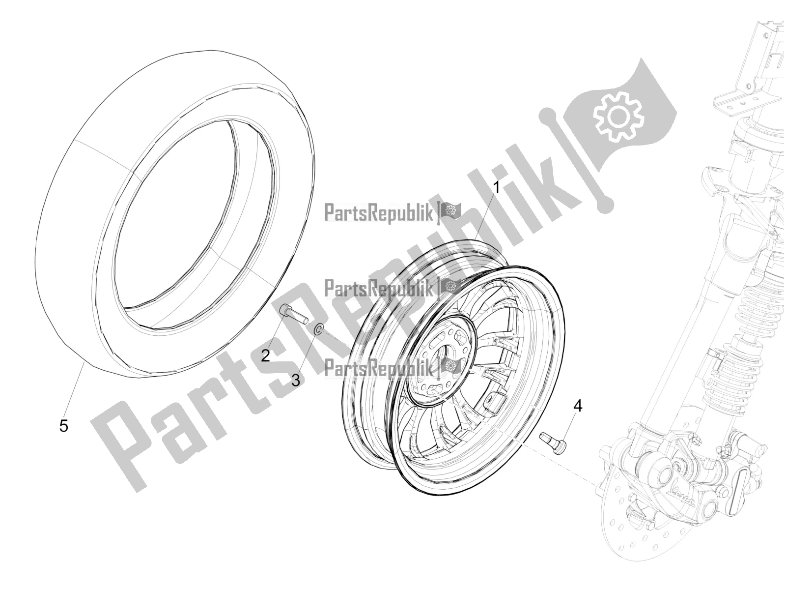 All parts for the Front Wheel of the Vespa Sprint 125 Iget Apac E2 2019