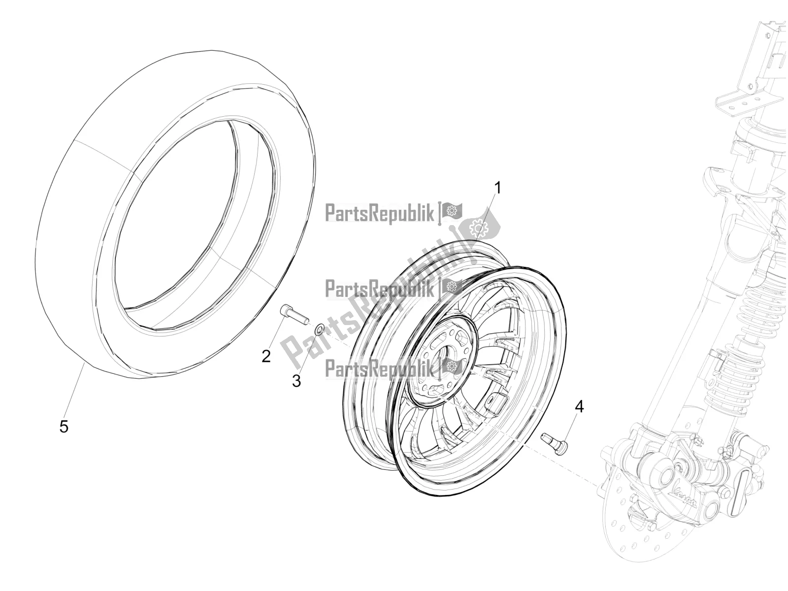 All parts for the Front Wheel of the Vespa Sprint 125 Iget Apac E2 2019