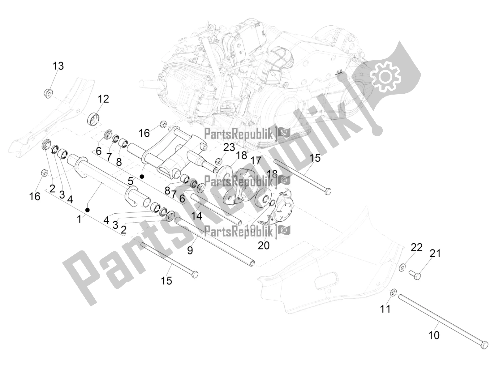 All parts for the Swinging Arm of the Vespa Sprint 125 Iget Apac E2 2019