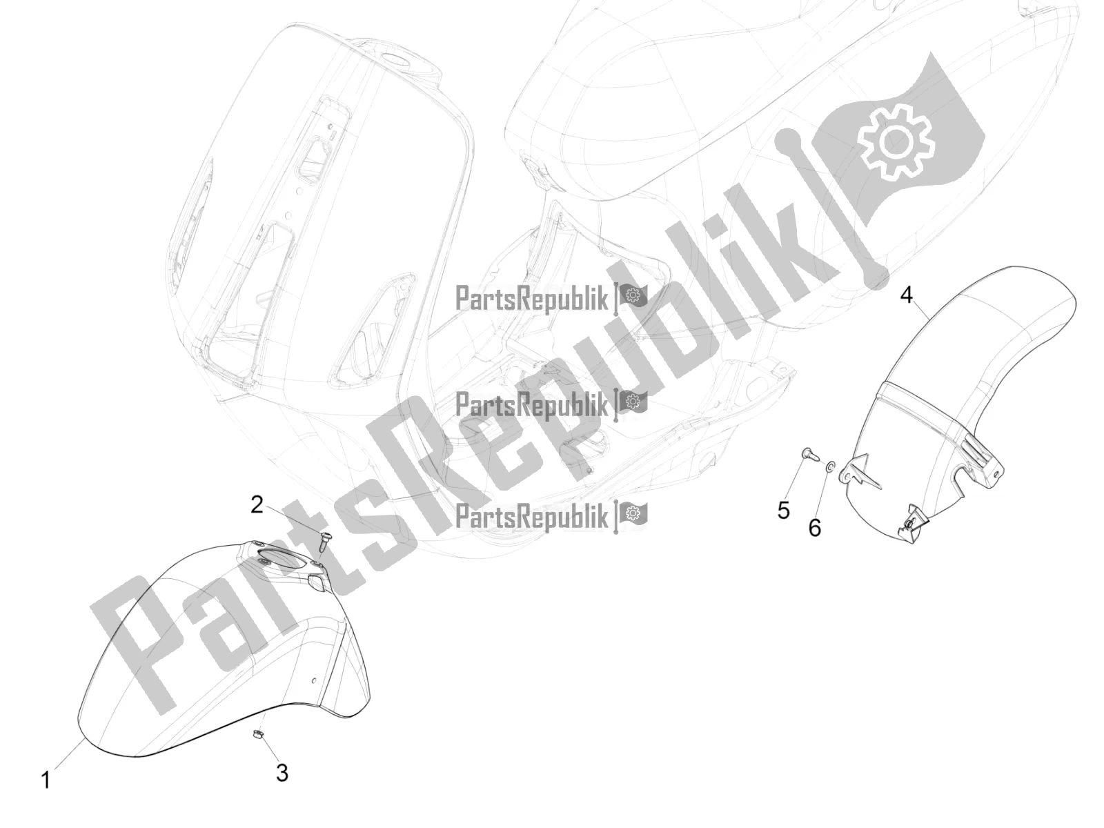 All parts for the Wheel Huosing - Mudguard of the Vespa Sprint 125 Iget Apac E2 2019