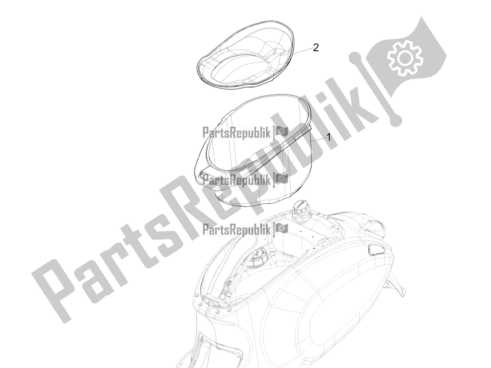 Alle onderdelen voor de Helmhuis - Onder Het Zadel van de Vespa Sprint 125 Iget Apac E2 2020