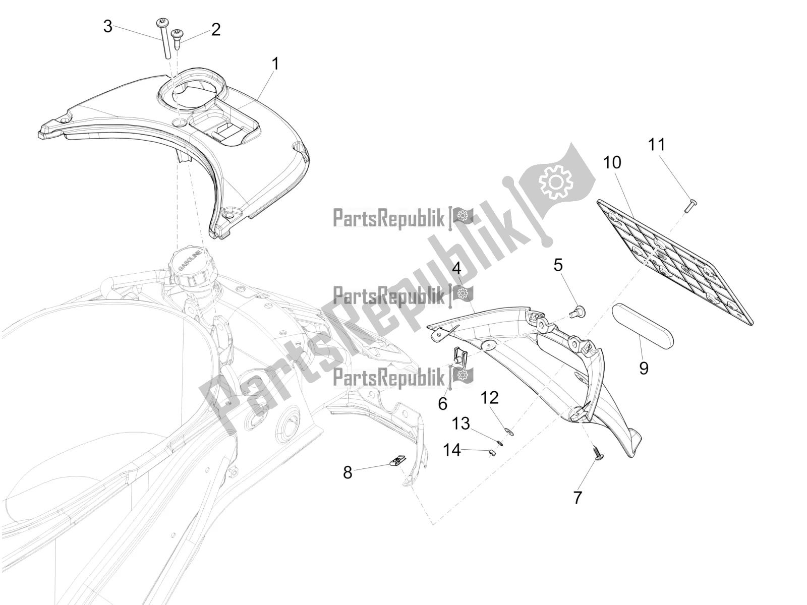 All parts for the Rear Cover - Splash Guard of the Vespa Sprint 125 Iget Apac E2 2020