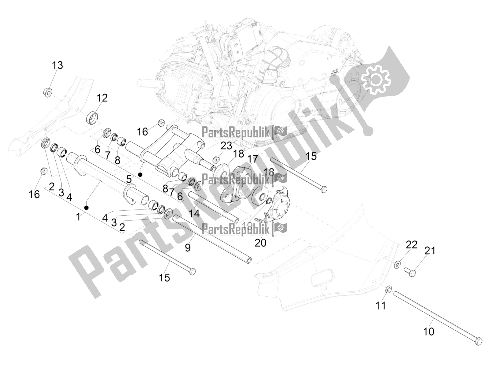 All parts for the Swinging Arm of the Vespa Sprint 125 Iget Apac E2 2020