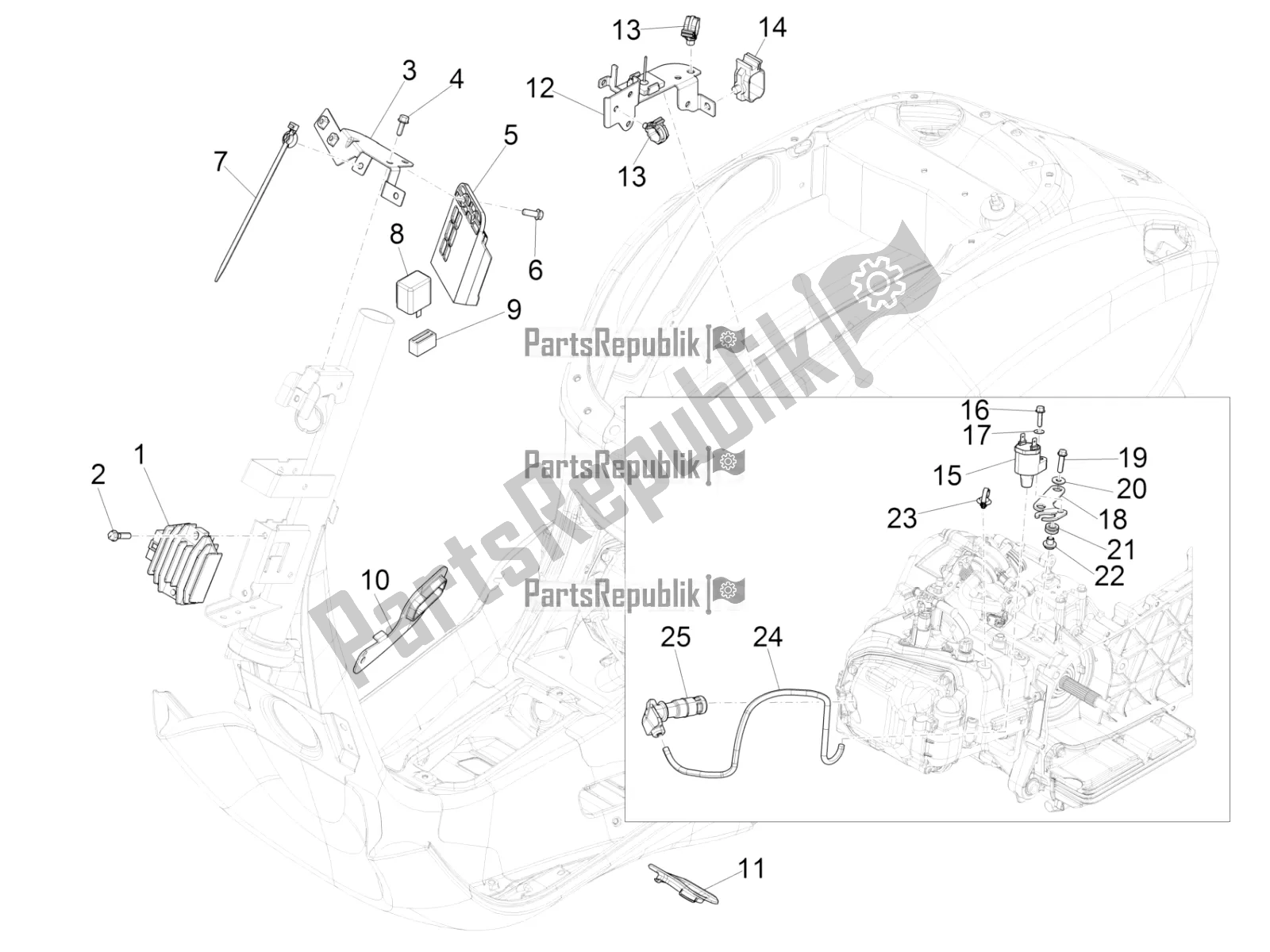 Alle onderdelen voor de Spanningsregelaars - Elektronische Regeleenheden (ecu) - H. T. Spoel van de Vespa Sprint 125 Iget Apac E2 2021