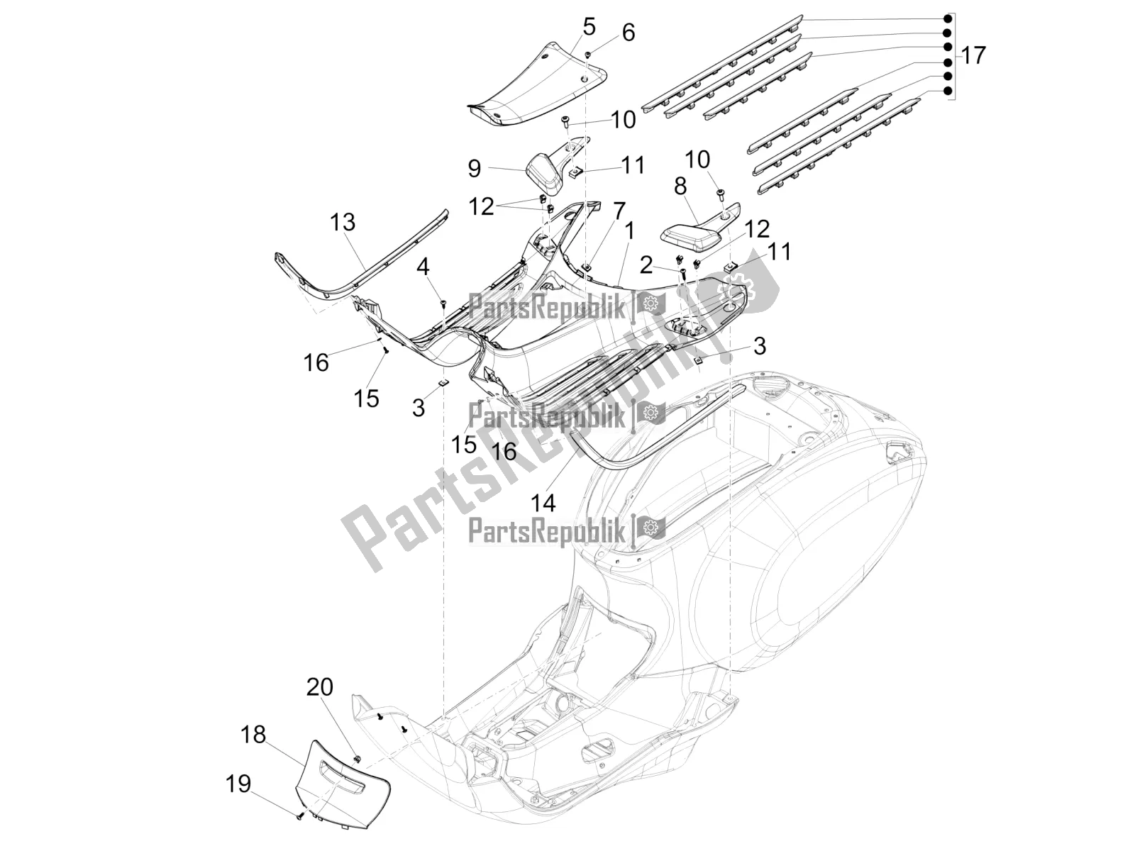 Toutes les pièces pour le Housse Centrale - Repose-pieds du Vespa Sprint 125 Iget Apac E4 2019