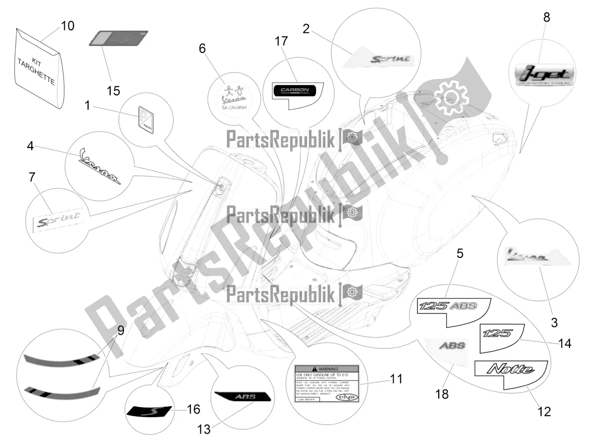 All parts for the Plates - Emblems of the Vespa Sprint 125 Iget Apac E4 2019