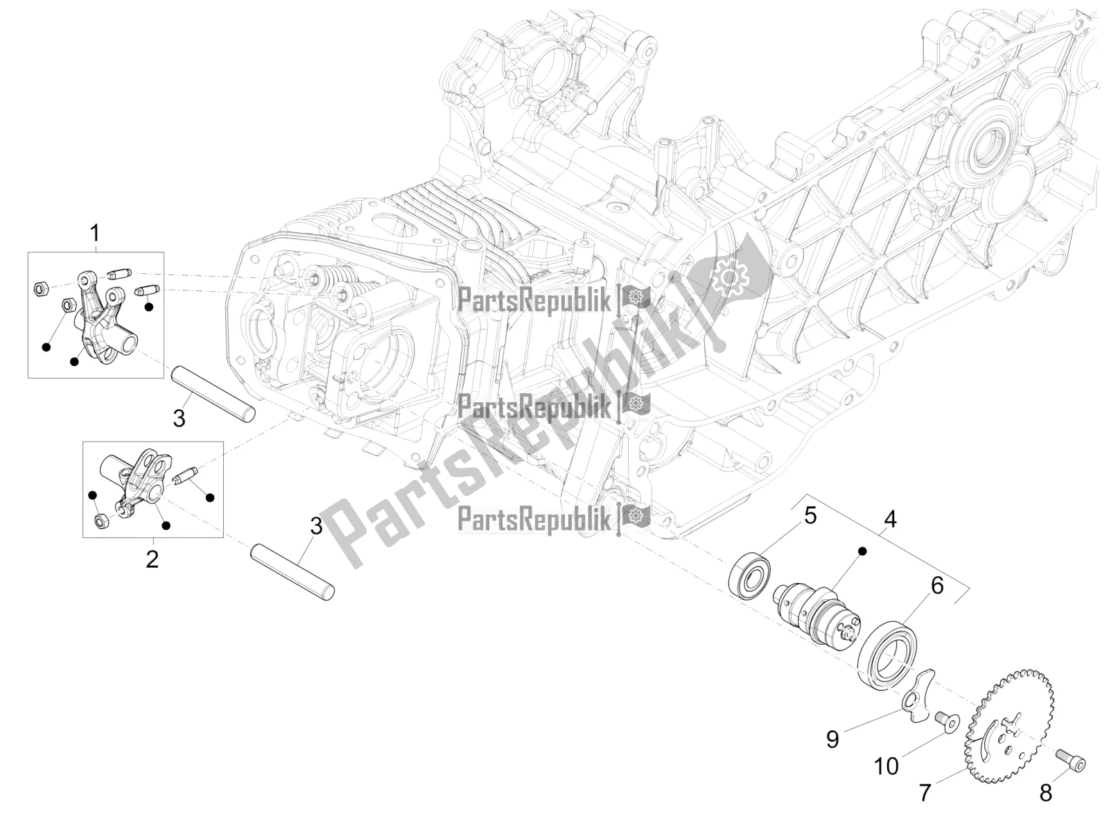 All parts for the Rocking Levers Support Unit of the Vespa Sprint 125 Iget Apac E4 2019