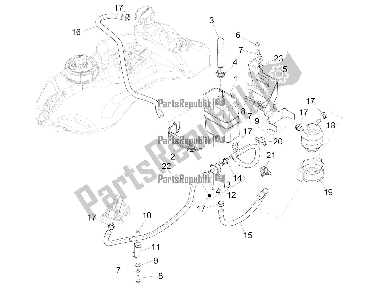 All parts for the Anti-percolation System of the Vespa Sprint 150 3V IE ABS USA 2016