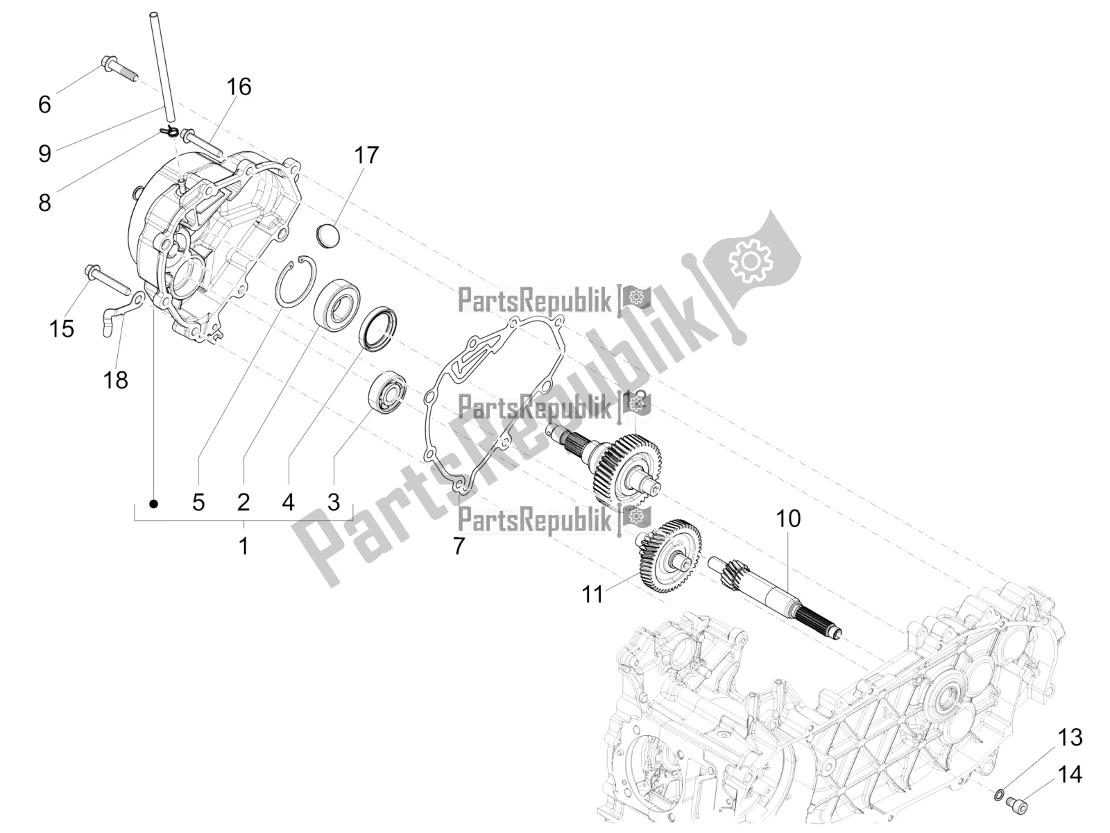 All parts for the Reduction Unit of the Vespa Sprint 150 3V IE ABS USA 2016
