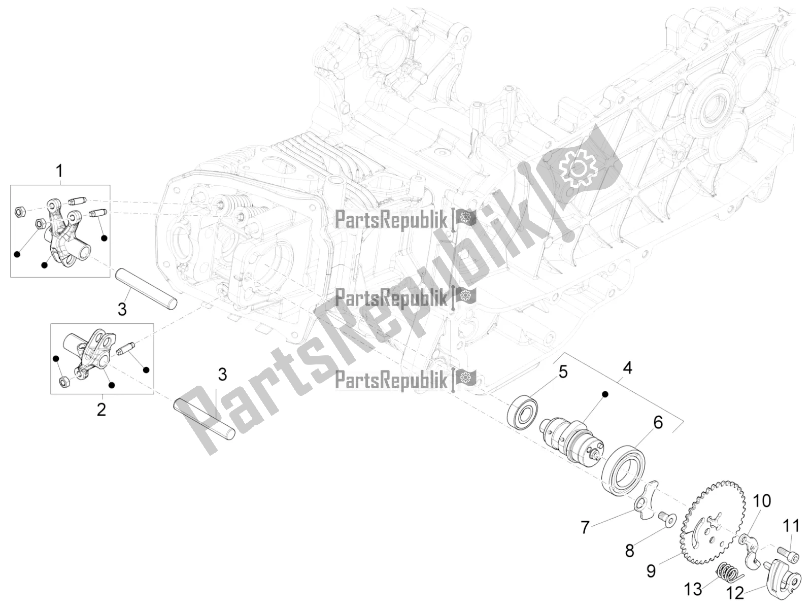 All parts for the Rocking Levers Support Unit of the Vespa Sprint 150 ABS 2020