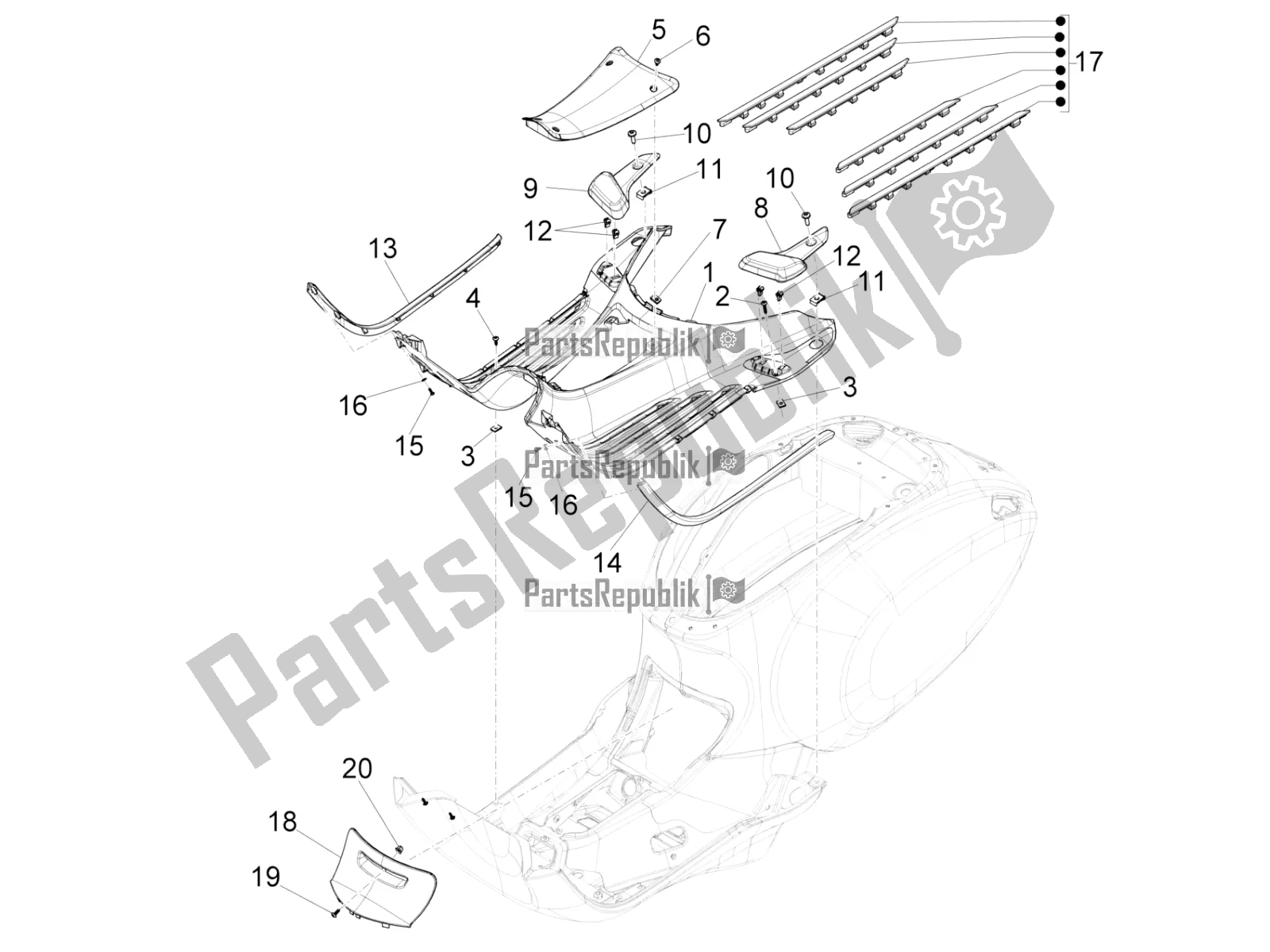 All parts for the Central Cover - Footrests of the Vespa Sprint 150 ABS 2021