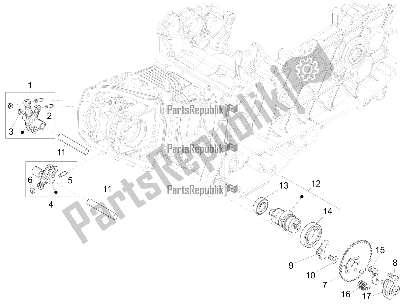 All parts for the Rocking Levers Support Unit of the Vespa Sprint 150 Iget 2017