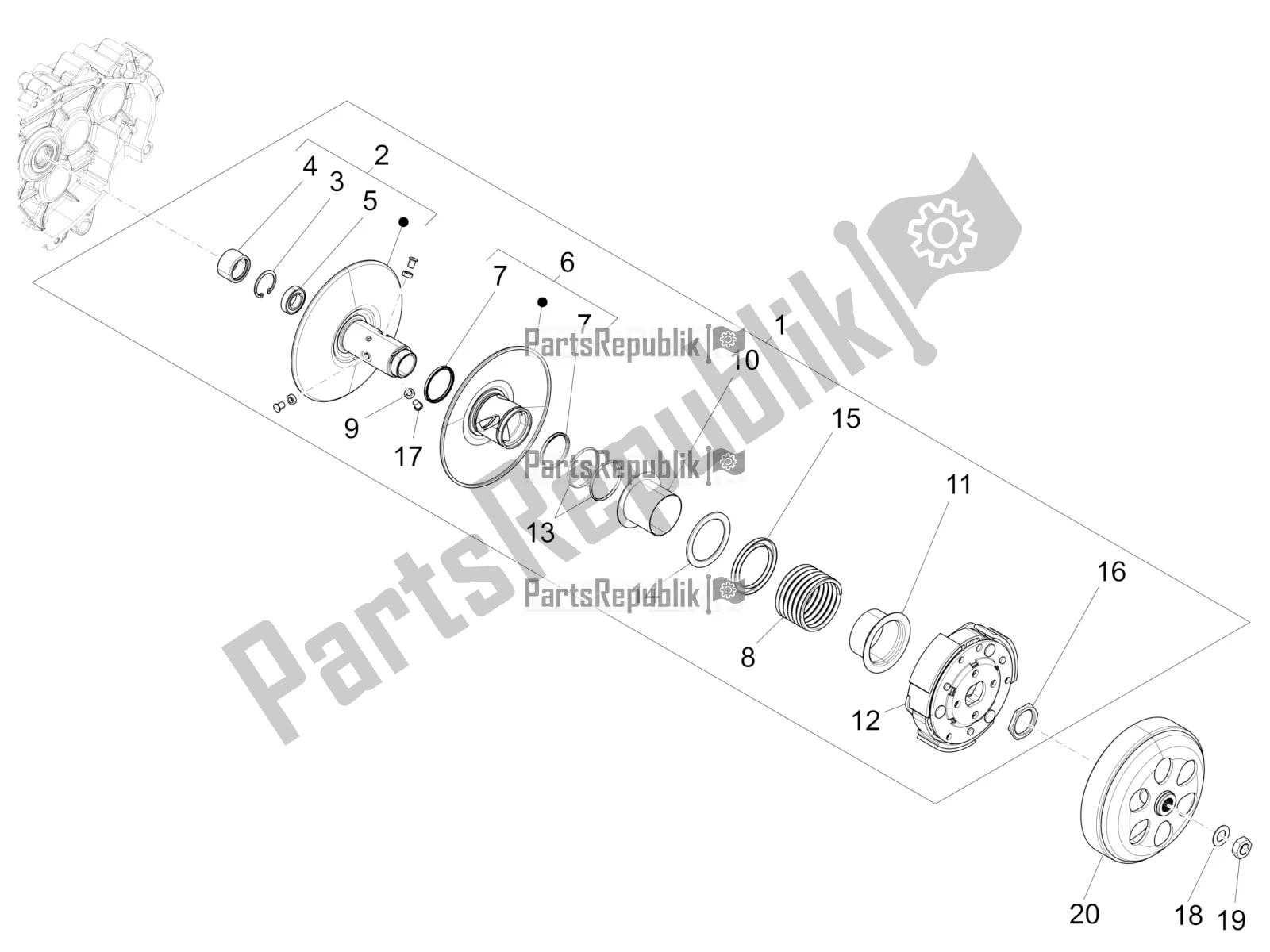 All parts for the Driven Pulley of the Vespa Sprint 150 Iget 2019