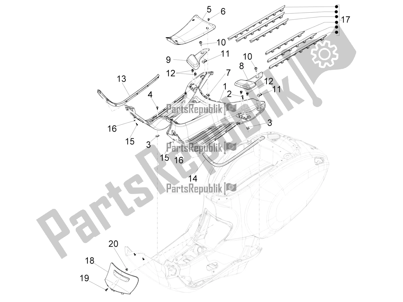 Tutte le parti per il Copertura Centrale - Poggiapiedi del Vespa Sprint 150 Iget ABS Apac 2021