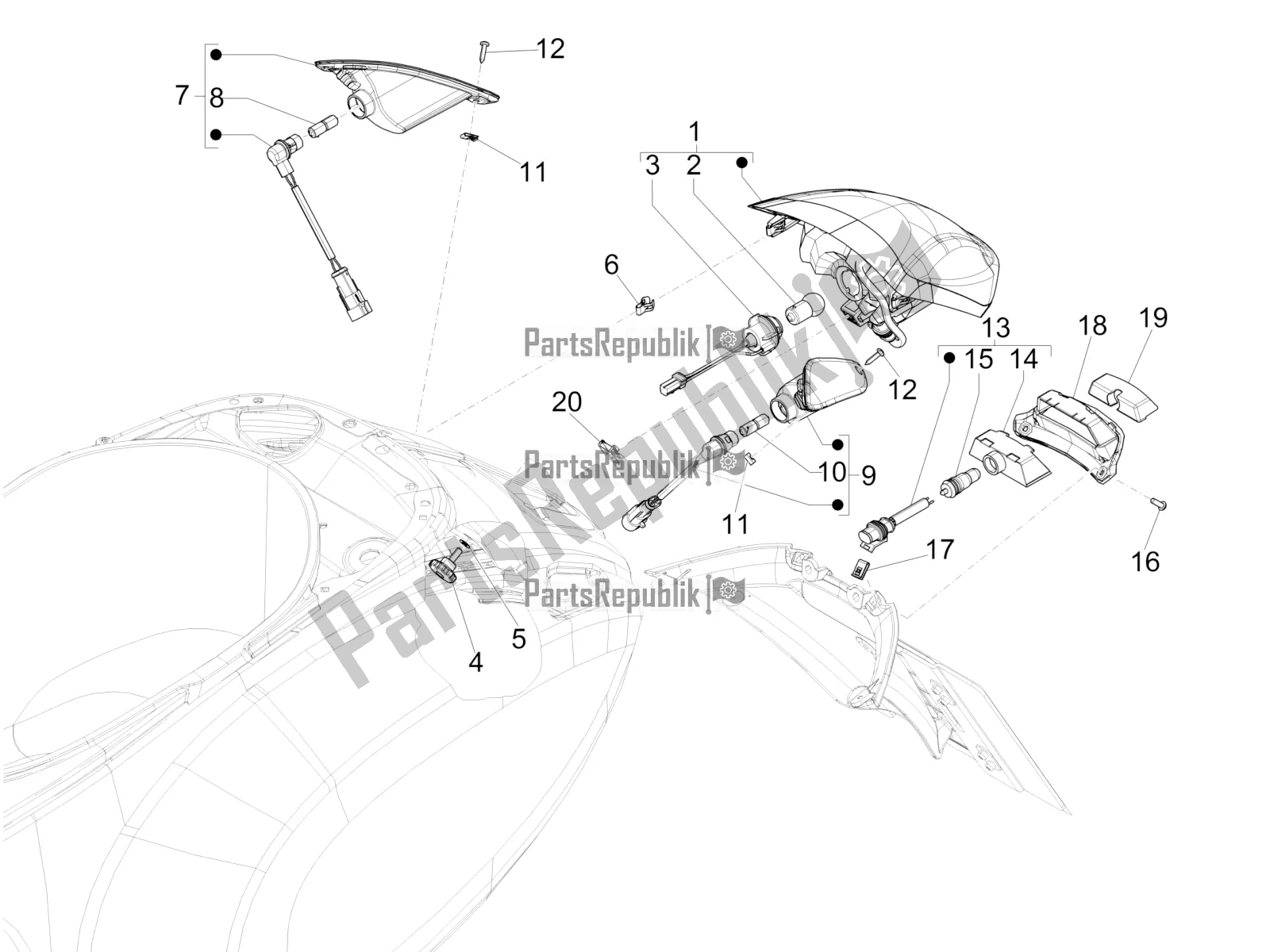 Todas as partes de Faróis Traseiros - Pisca-piscas do Vespa Sprint 150 Iget ABS Apac 2021