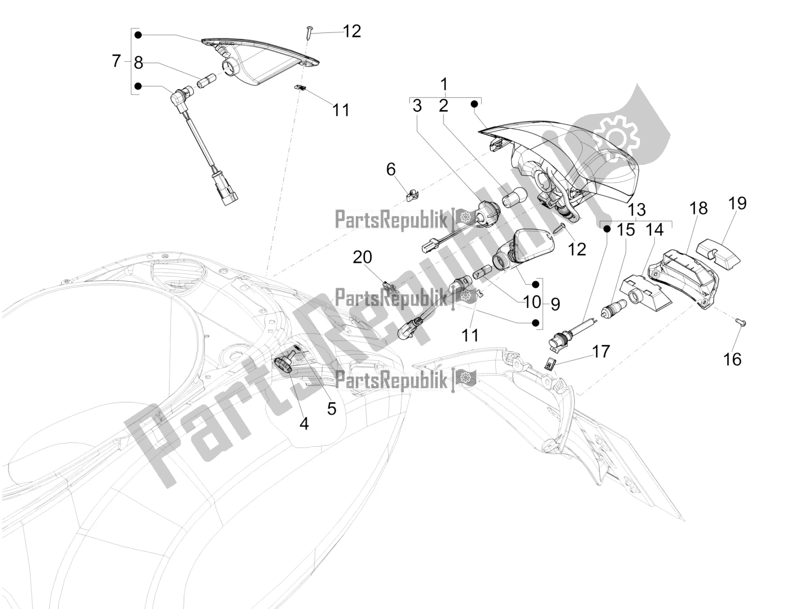 Todas as partes de Faróis Traseiros - Pisca-piscas do Vespa Sprint 150 Iget ABS Apac 2021