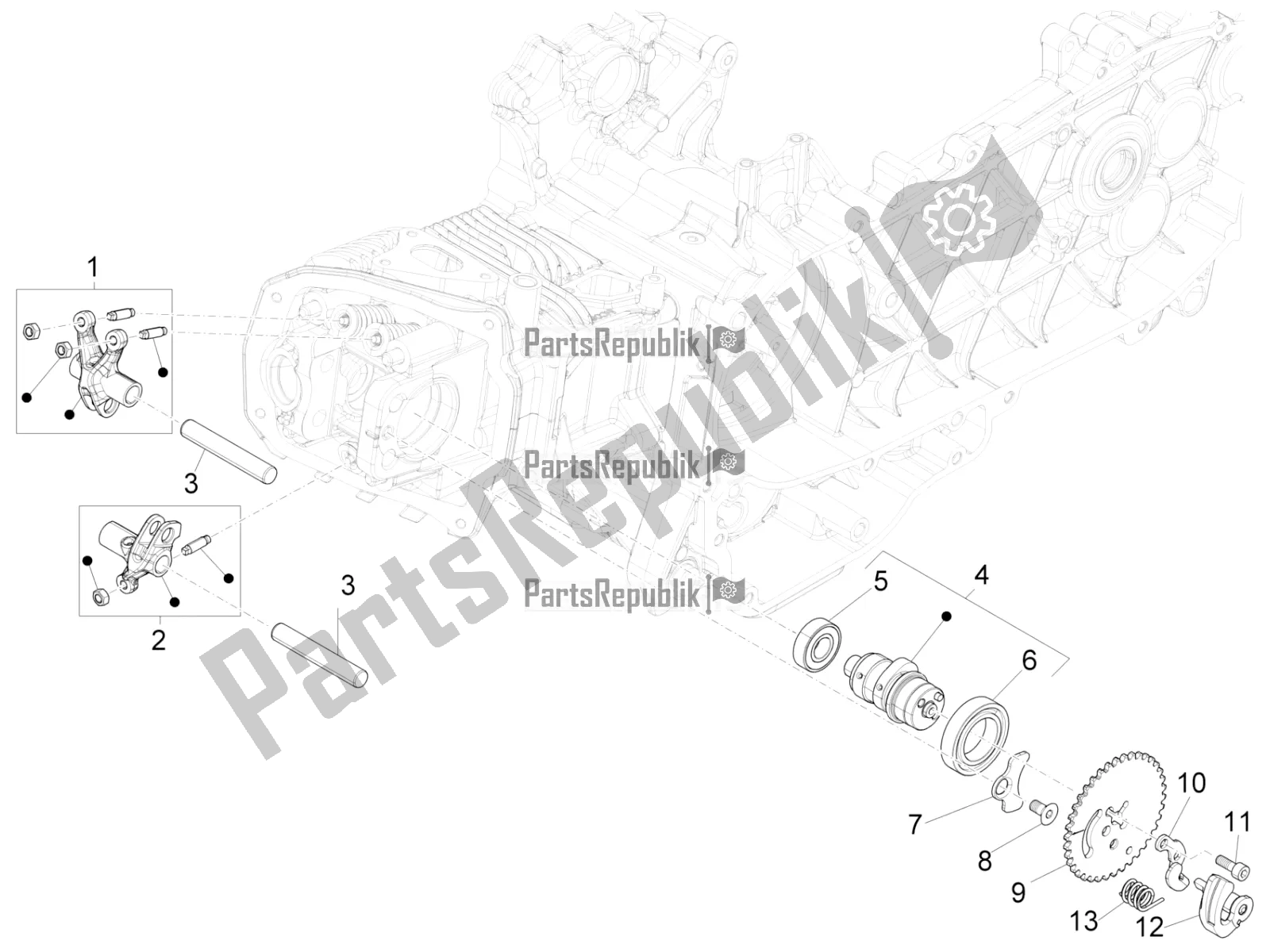 All parts for the Rocking Levers Support Unit of the Vespa Sprint 150 Iget ABS Apac 2021