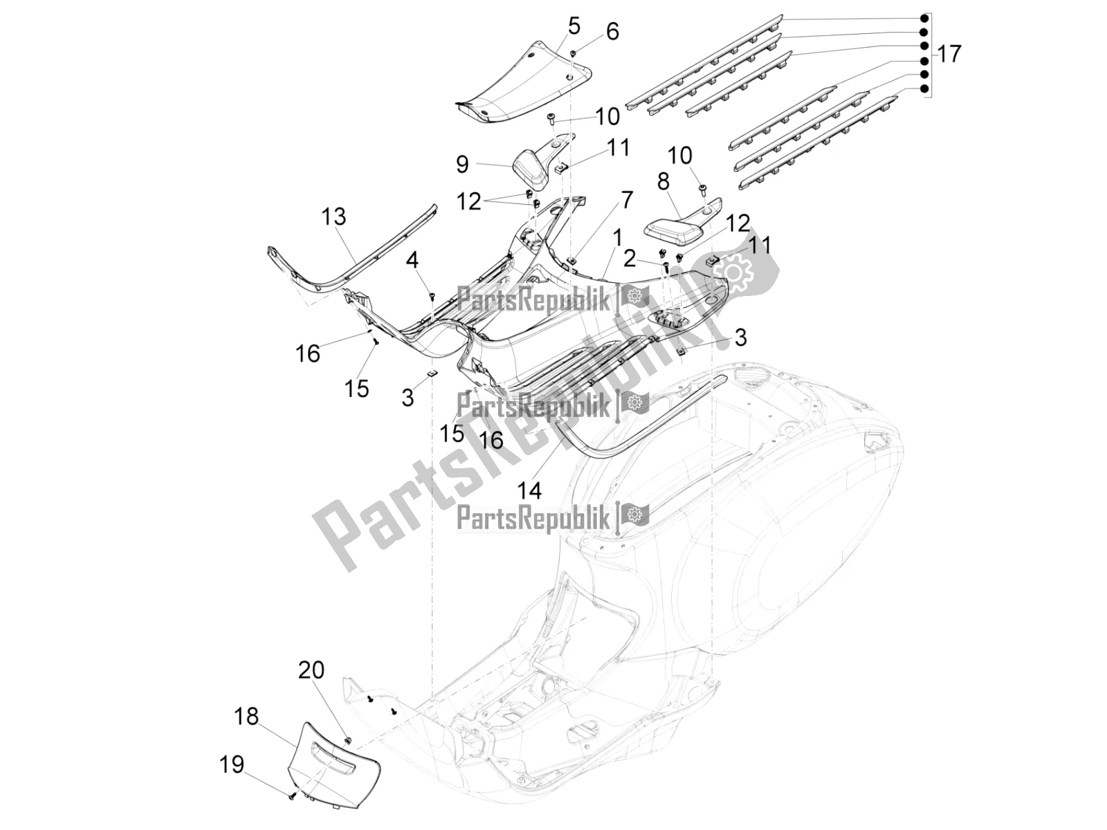 All parts for the Central Cover - Footrests of the Vespa Sprint 150 Iget ABS Apac 2022