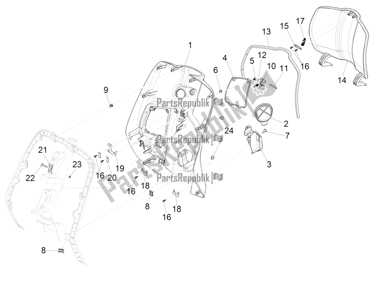 Tutte le parti per il Vano Portaoggetti Anteriore - Pannello Di Protezione Per Le Ginocchia del Vespa Sprint 150 Iget Abs/no ABS Apac 2016