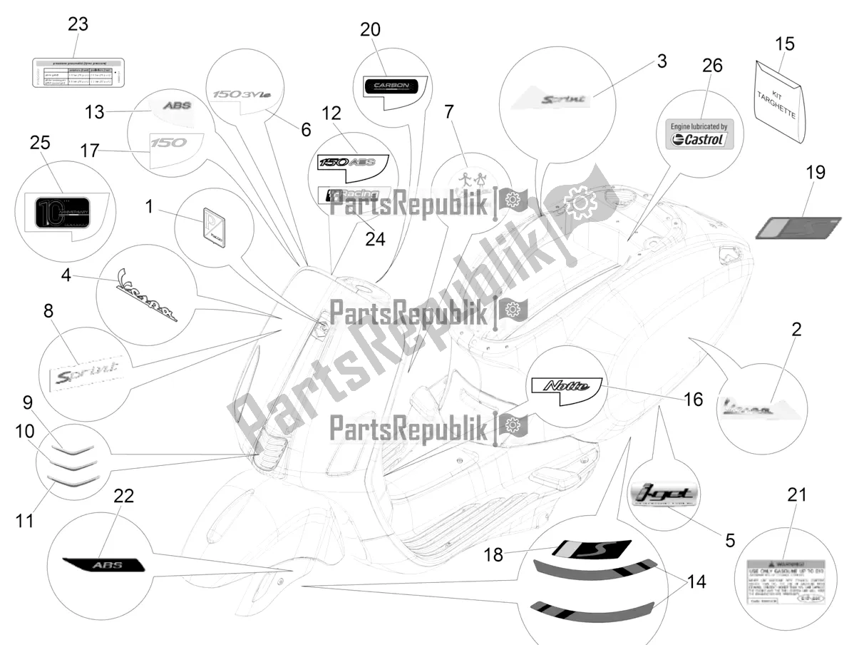 All parts for the Plates - Emblems of the Vespa Sprint 150 Iget Abs/no ABS Apac 2016