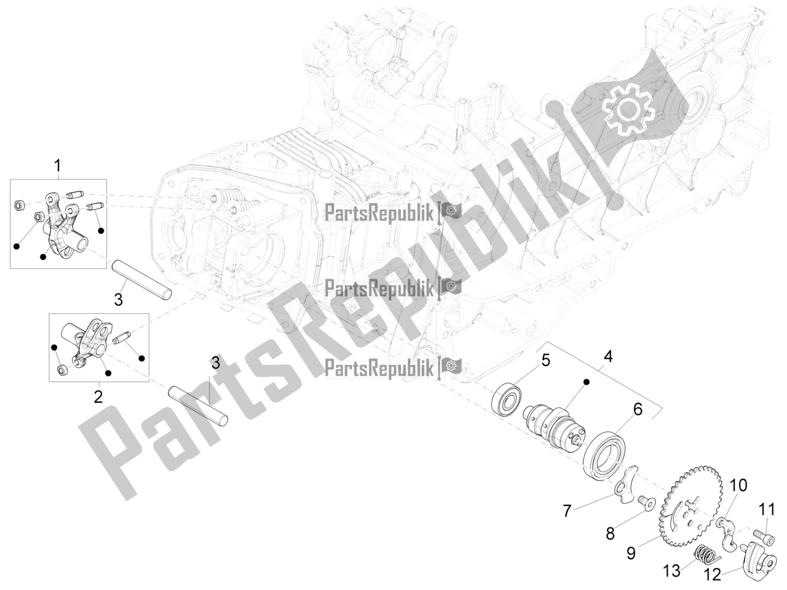 All parts for the Rocking Levers Support Unit of the Vespa Sprint 150 Iget Abs/no ABS Apac 2016