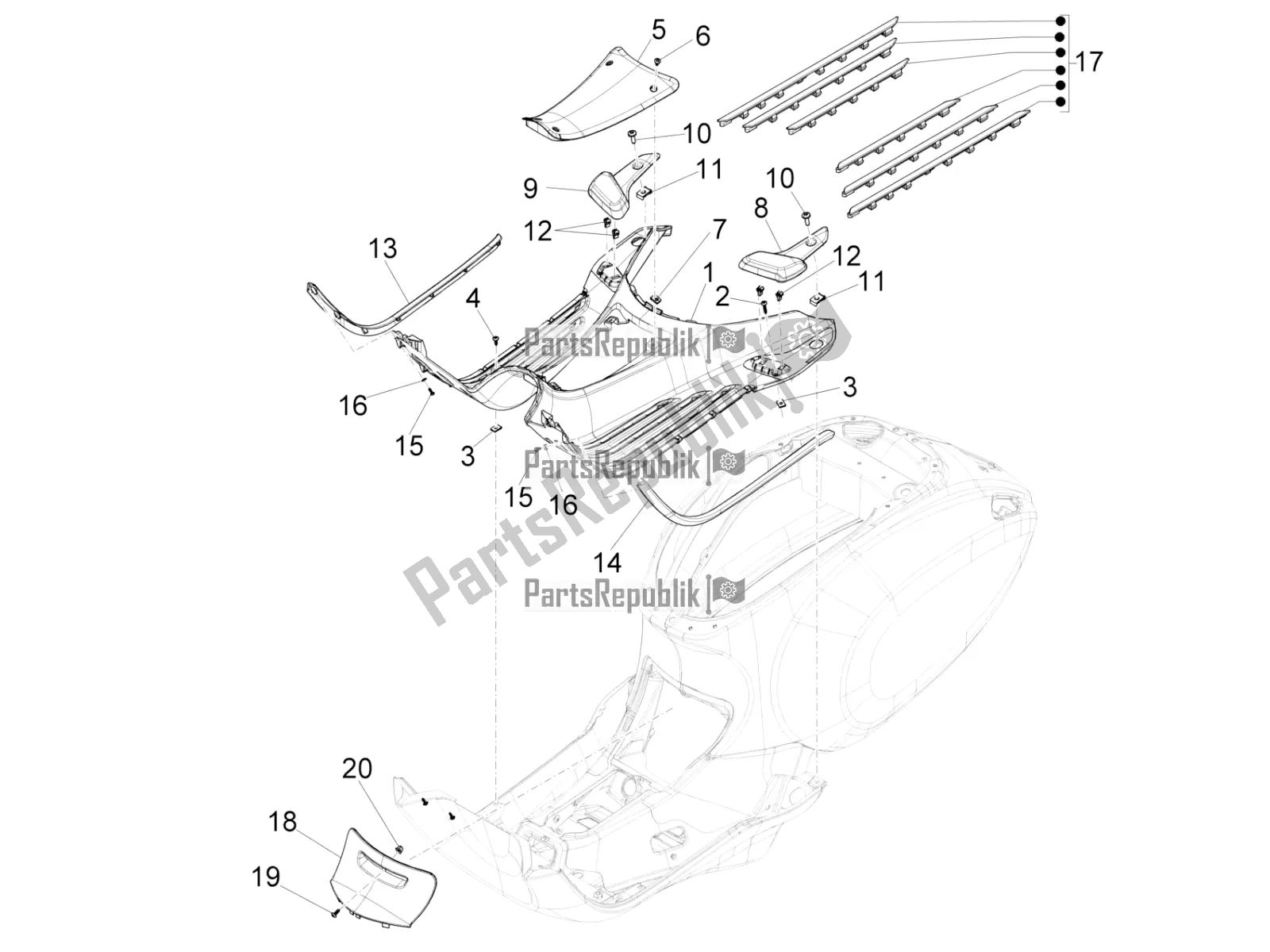 All parts for the Central Cover - Footrests of the Vespa Sprint 150 Iget Abs/no ABS Apac 2017