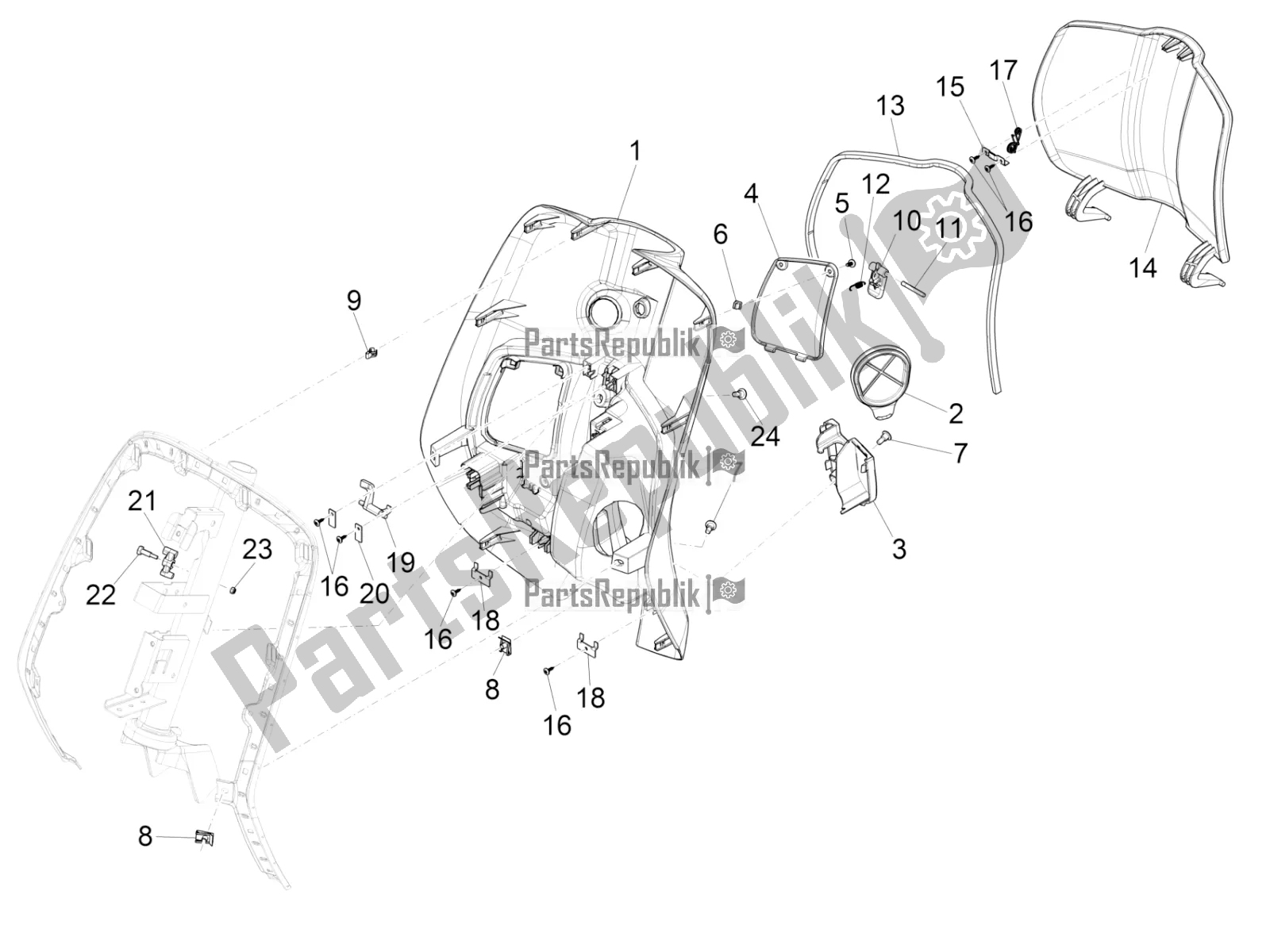 All parts for the Front Glove-box - Knee-guard Panel of the Vespa Sprint 150 Iget Abs/no ABS Apac 2017